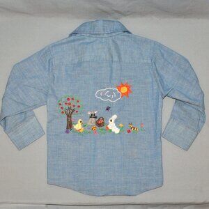 Vintage Lucky Boy Denim Chambray Shirt Size 3T Animal Embroidery Button Down 70s